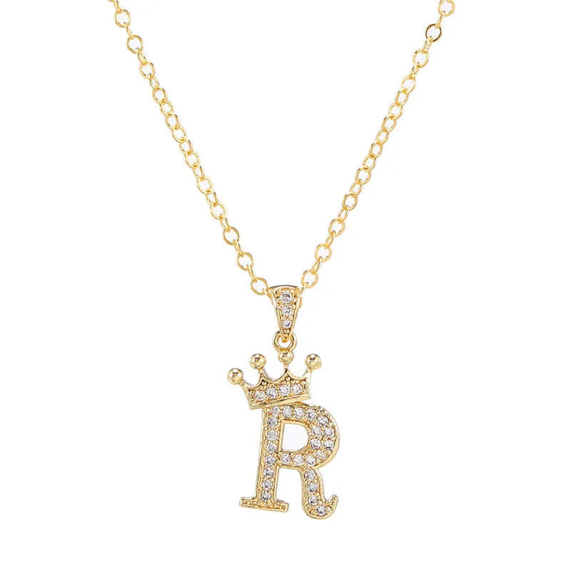 Crown Initial Letter Pendant Necklace — Copper