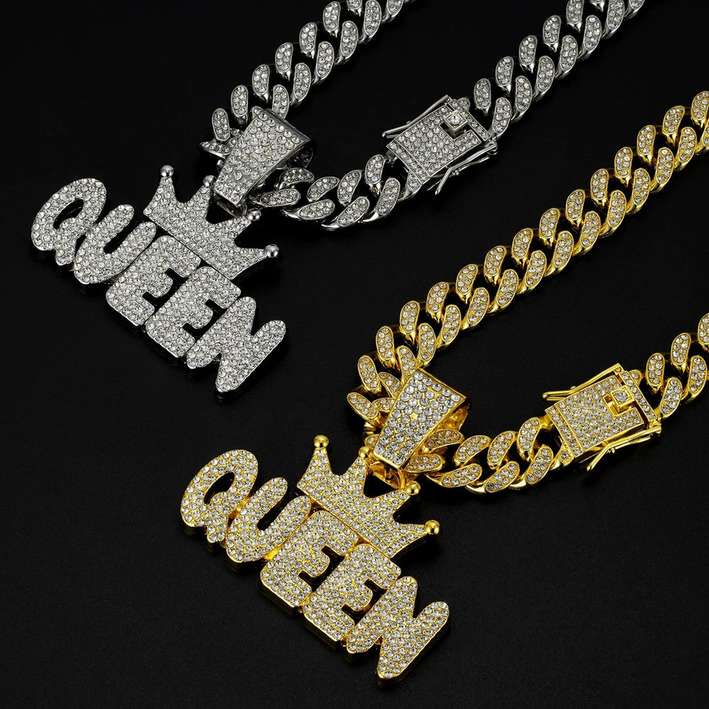Men's Hip Hop Crown with QUEEN Letter Pendant Necklace For Women Crystal Cuban Chain Iced Out Bling Necklaces Rock