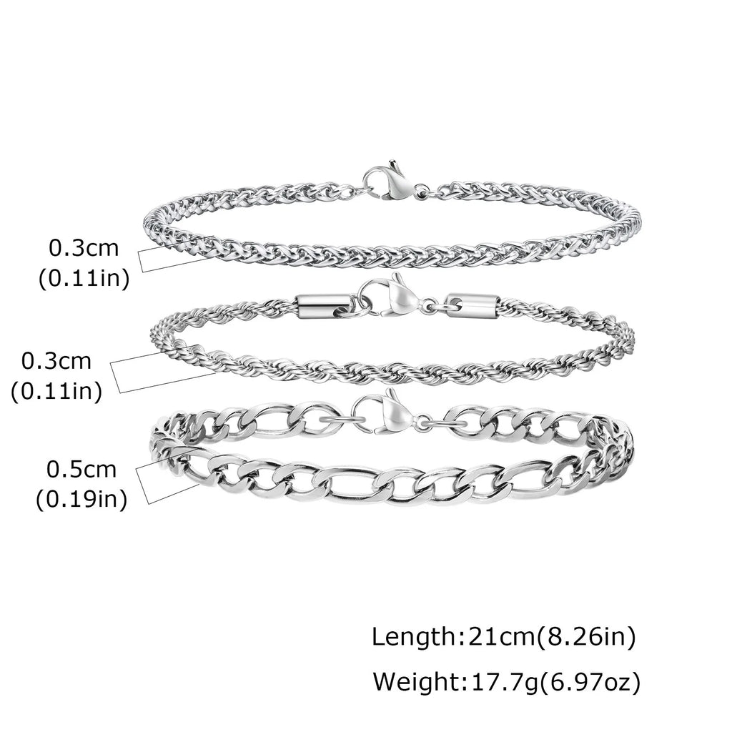 Silver Wheat Chain Bracelet Set — Stainless Steel
