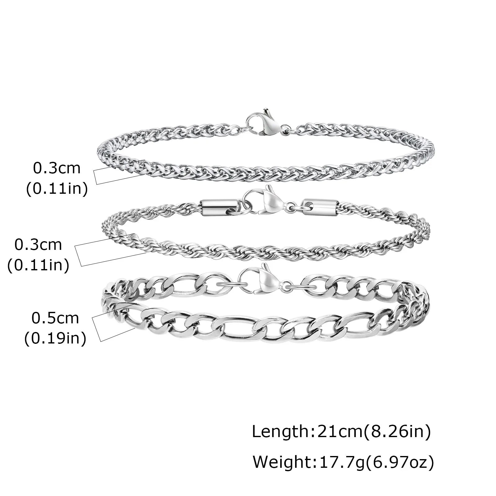 Silver Wheat Chain Bracelet Set — Stainless Steel