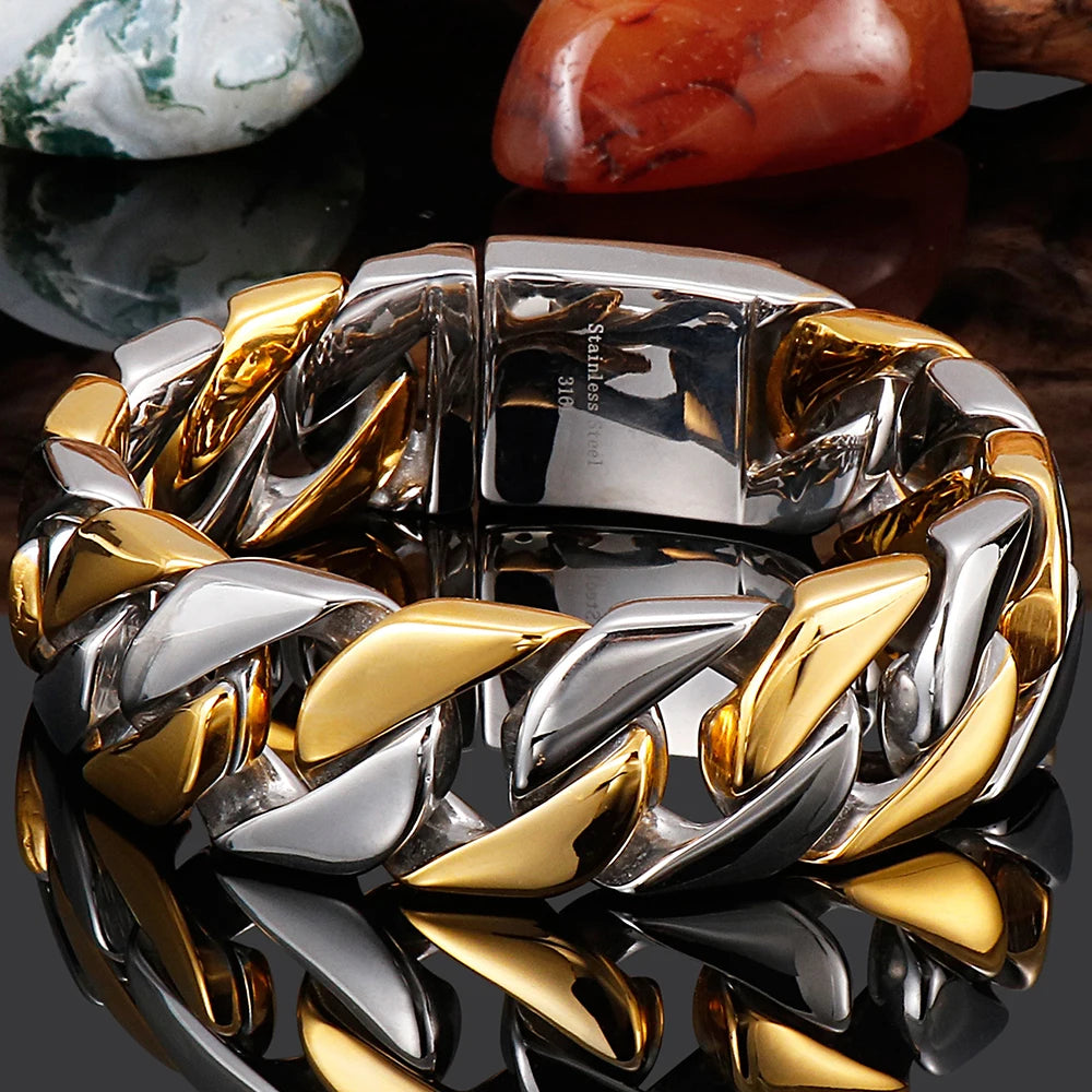 Matte Polished Gold Color Stainless Steel Men's Bracelet for Man 20MM Curb Link Chain Wrist On Hand Bands Jewelry