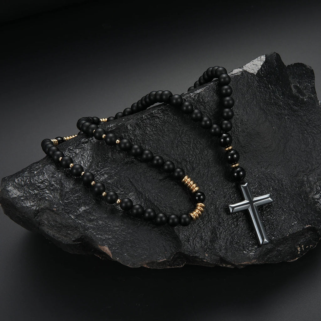 Cool Black Round Beads with Golden Color Spacer Beaded Cross Pendant Necklace for Men and Women