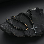 Cool Black Round Beads with Golden Color Spacer Beaded Cross Pendant Necklace for Men and Women