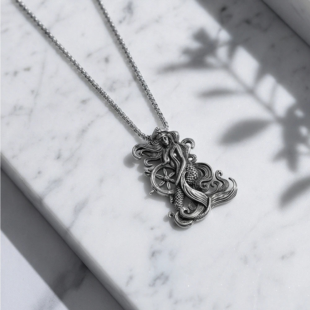 Silver Mermaid Pendant Necklace Stainless Steel