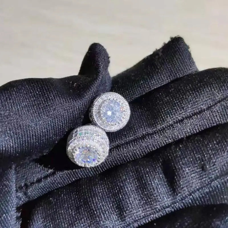 Iced Out Round Geometric CZ Stud Earrings — Full Pavé Studs