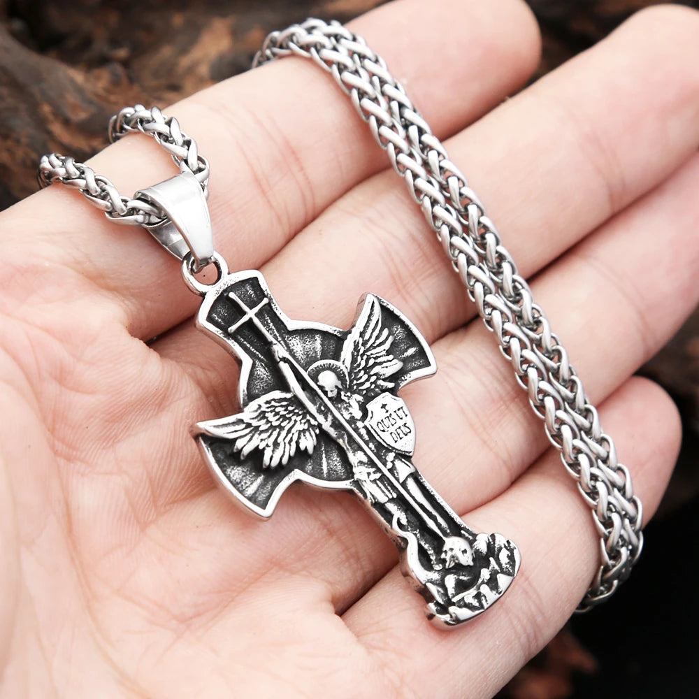 Archangel Wing Cross Stainless Steel Pendant Necklace
