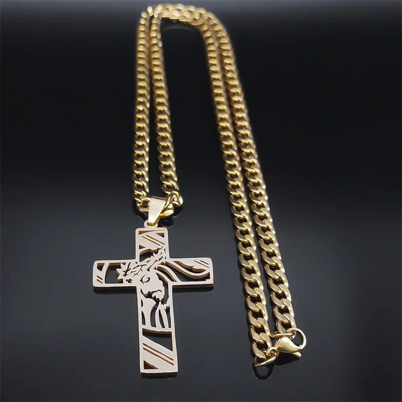 Hip Hop Punk Crown of Thorns Jesus Cross Necklace for Men Stainless Steel Gold Plated Crucifix Pendant Necklaces