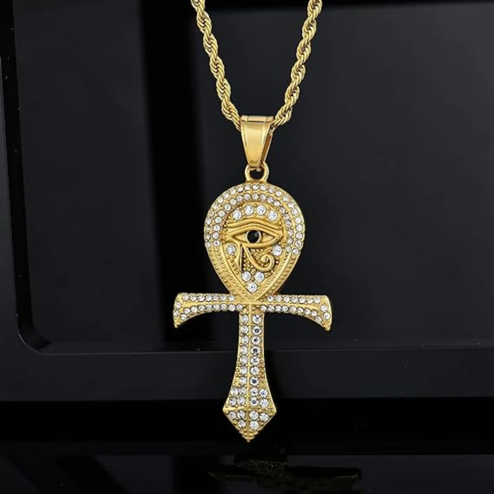 Iced Out Ankh Eye of Horus Pendant Necklace