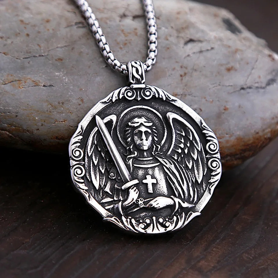 New Vintage Saint Michael Angel Pendant Necklaces Stainless Steel  Punk Motorcycle Amulet Angel Necklace For Men Fashion Jewelry