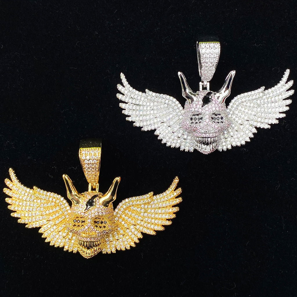Aokaishen Iced Out Wing Skull Necklace Pendant for Men Real Gold Plated 5A Cubic Zirconia Hip Hop Jewelry