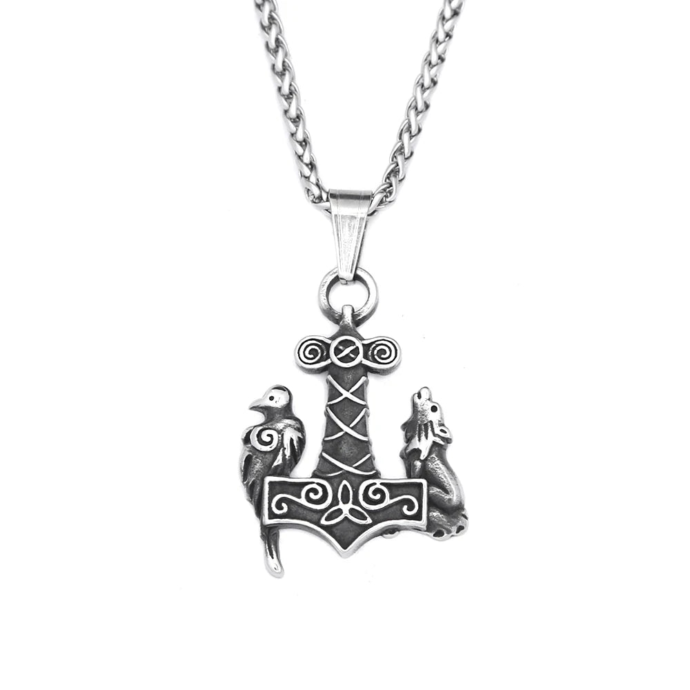 Viking Thor Hammer Wolf Pendant — Stainless Steel