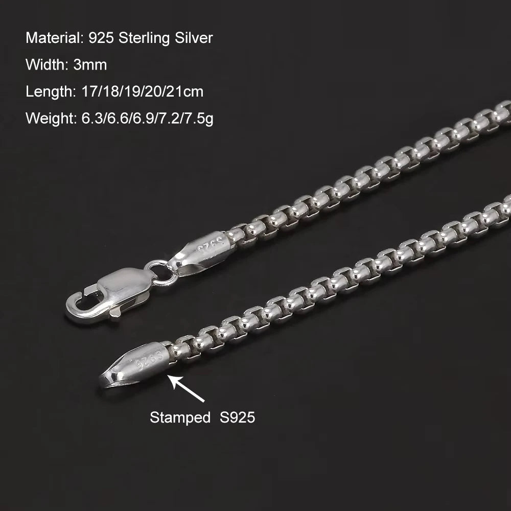 Silver 3mm Round Box Chain Link Bracelet for Men Fashion Jewelry Accessories