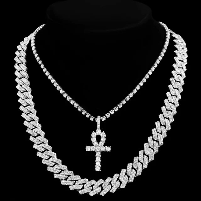 2Pcs Punk Crystal Cross Ankh Tennis Chain Iced Out Prong Cuban Link Chain Necklace For Men Women Rapper Necklaces
