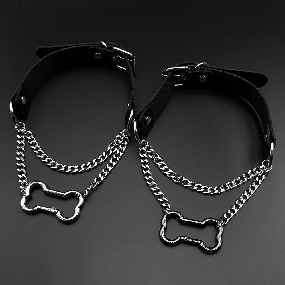 Gothic Bone Carabiner PU Leather Choker Double Silver Color Curb Chain Adjustable Rivet Neck Collar Punk Egirl Street