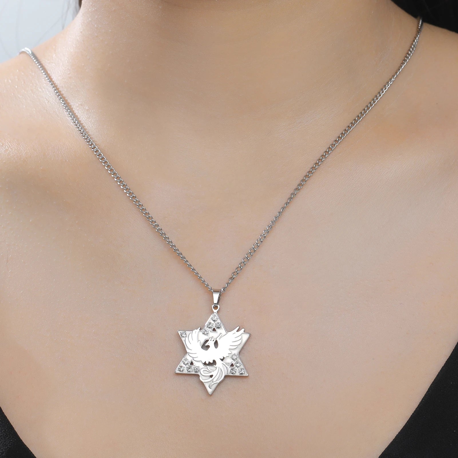 Star Hexagram Phoenix Star of David Pendant Necklace Supernatural Amulet Chain For Woman Men Crystal Stainless Steel Jewelry