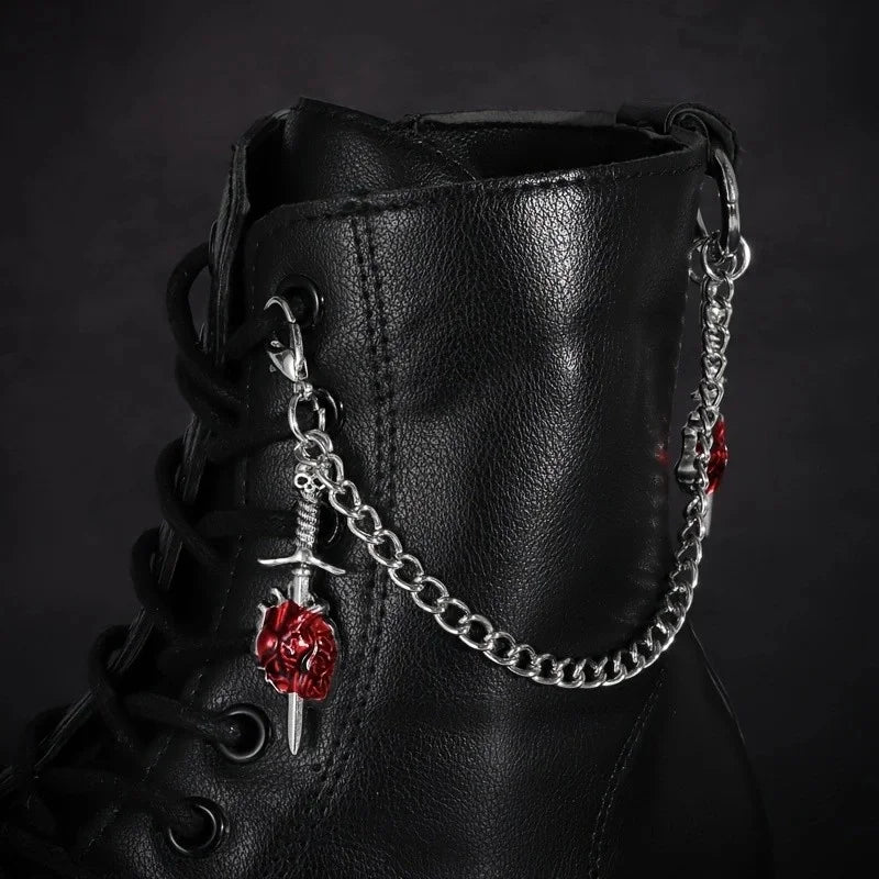 2Pcs Gothic Red Rose Sword Boots Chain Silver Metal Removable Shoe Chain Punk Boots Decorative Accessories Decoration