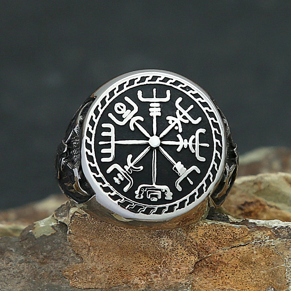 Vintage Stainless Steel Viking Compass Ring For Men Boys Nordic Viking Double Axe Rings Fashion Amulet Mythology