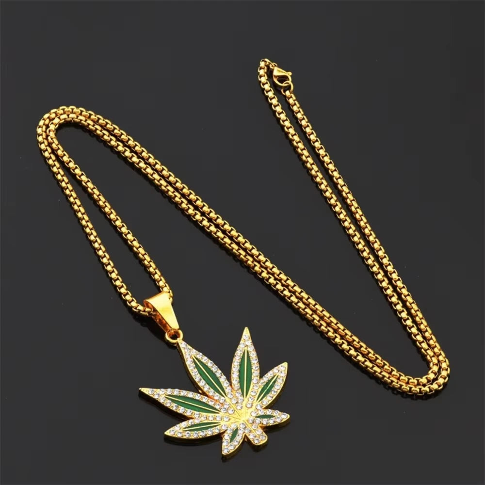 FTCY Rhinestone Maple Leaf Pendant Necklace For Men Women Personalized Punk Hip-hop Gold Color Necklace Jewelry Gift