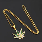 Gold Iced Out Rhinestone Maple Leaf Pendant Necklace
