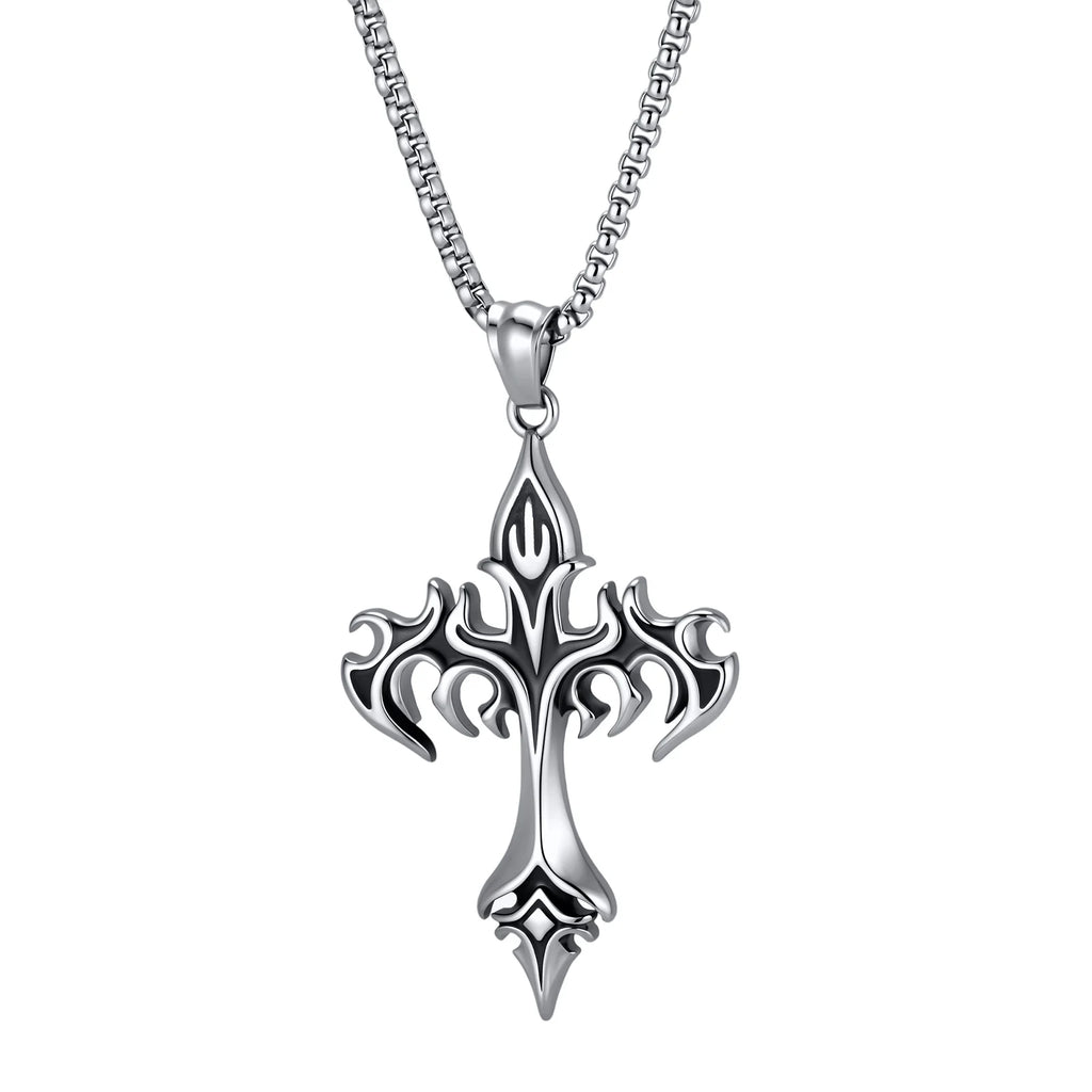 Gothic Hip Hop Flame Cross Pendant Necklace for Men, Silver Color Stainless Steel Non-fading Necklace,Waterproof