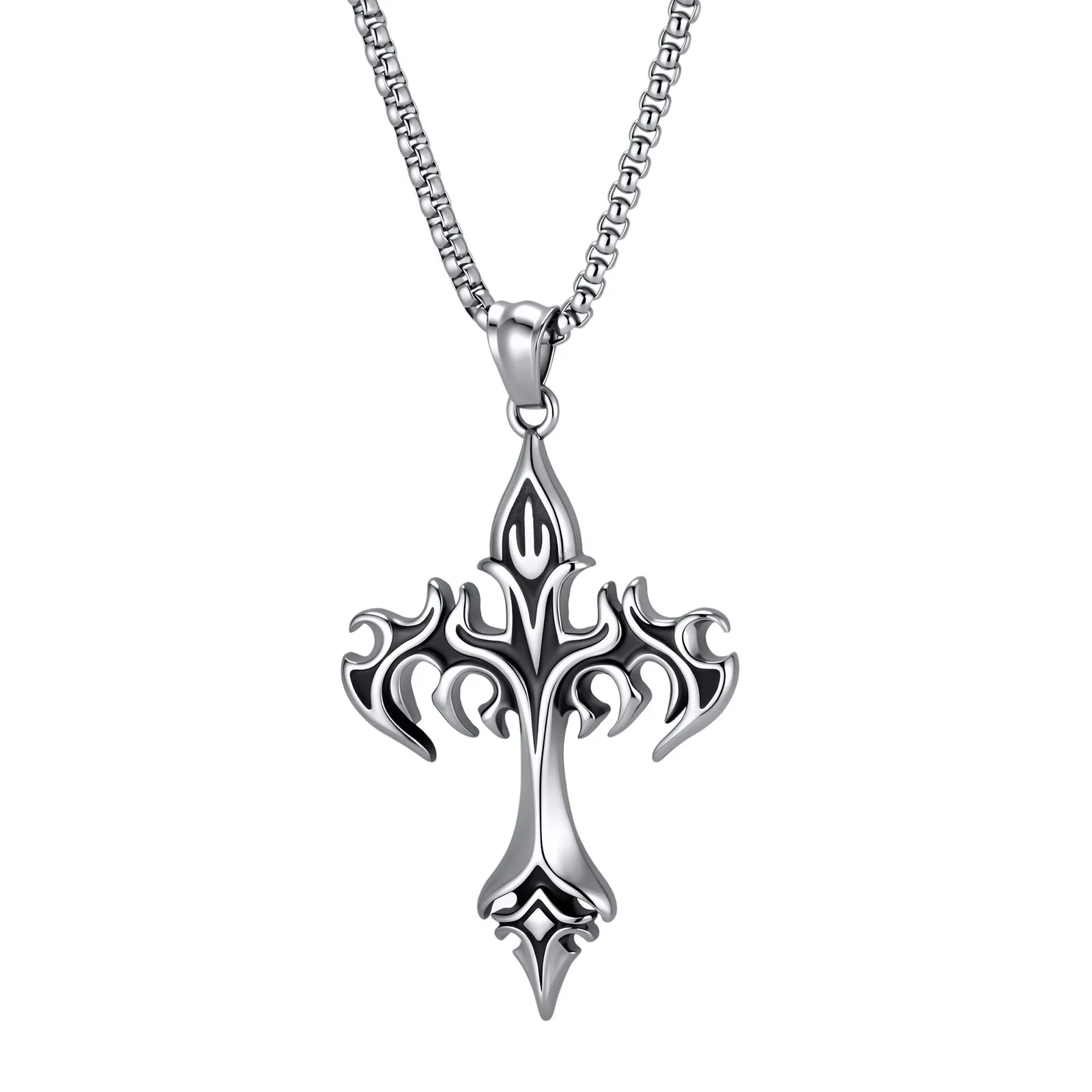 Gothic Hip Hop Flame Cross Pendant Necklace for Men, Silver Color Stainless Steel Non-fading Necklace,Waterproof