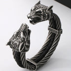 Gothic Elastic Double Wolf Face Head Open Cuff Bangle Bracelet For Man 12MM Wide Twist Chain Stainless Steel Men Men's