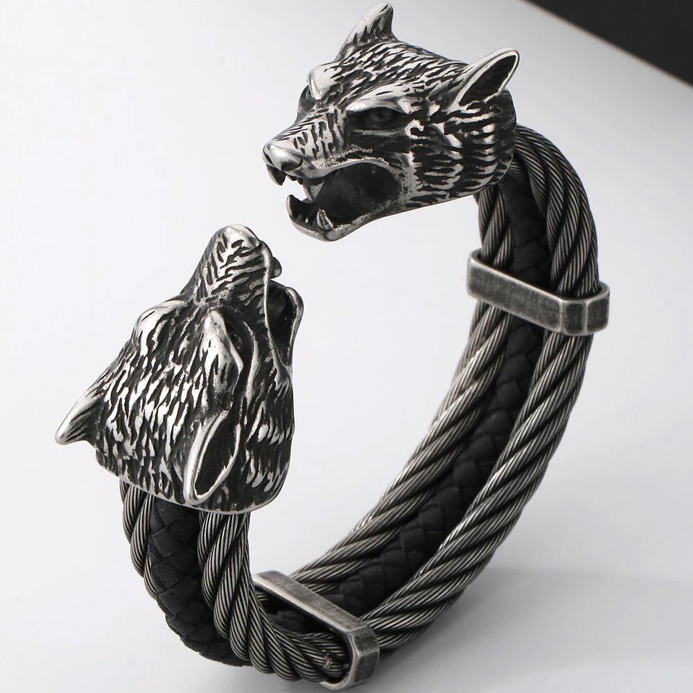 Gothic Elastic Double Wolf Face Head Open Cuff Bangle Bracelet For Man 12MM Wide Twist Chain Stainless Steel Men Men's