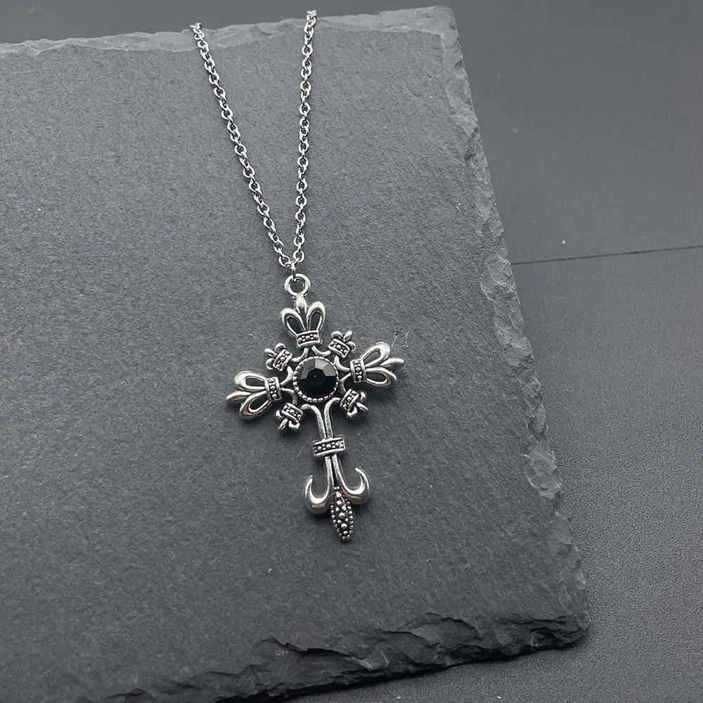 Y2k Black Series Cross And Bat Pendants Unisex Necklace Stainless Steel Chain Jewelry for Men And Women