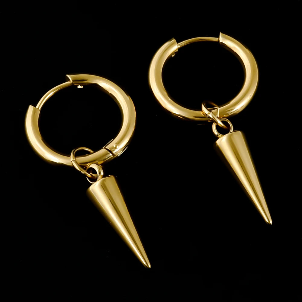 Spike Cone Drop Huggie Hoop Earrings for Men — Stainless Steel