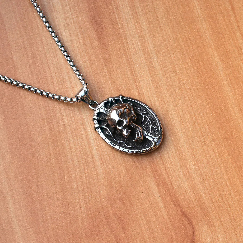 Silver Skull Pendant Necklace Box Chain Stainless