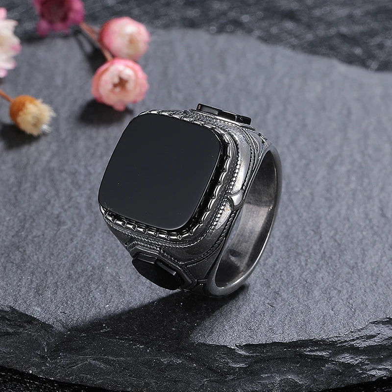 Silver Jewelry Ring Natural 14*16mm Big Black Agate Stone Vintage Ring For Women Party Gifts