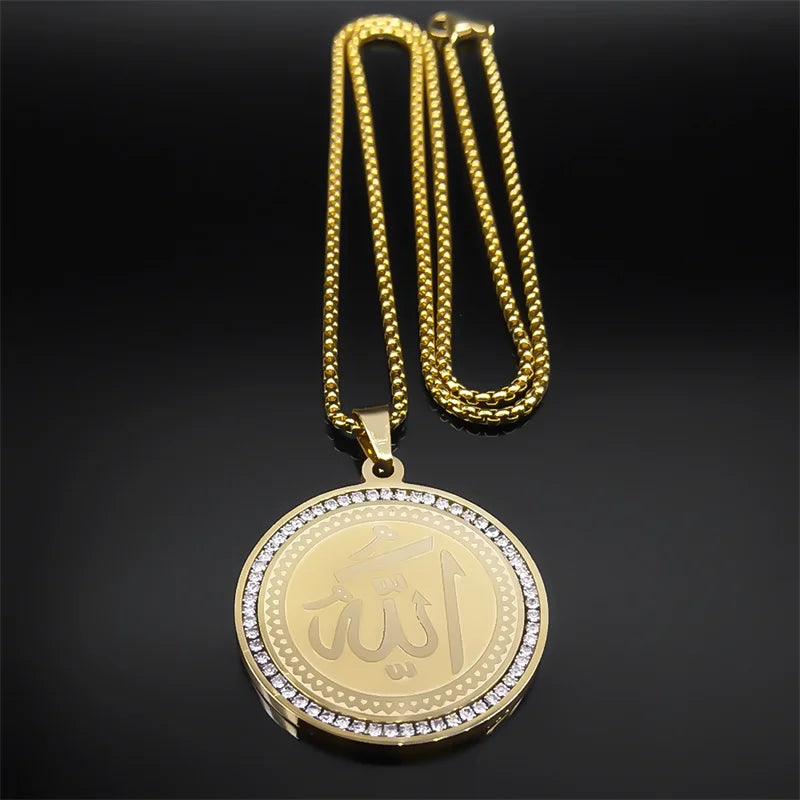 Arabic Quran Allah Medal Necklace for Women Men Rhinestone Stainless Steel Gold Color Islam Muslim Chain Jewelry collar