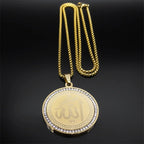 Arabic Quran Allah Medal Necklace for Women Men Rhinestone Stainless Steel Gold Color Islam Muslim Chain Jewelry collar