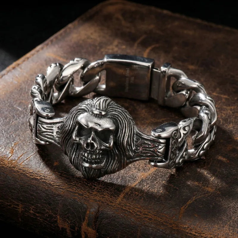 Massive Vintage Skull Wolf Head Cuff Man Bracelet for Men Gothic Punk Stainless Steel Bangle Heavy Metal Jewelry