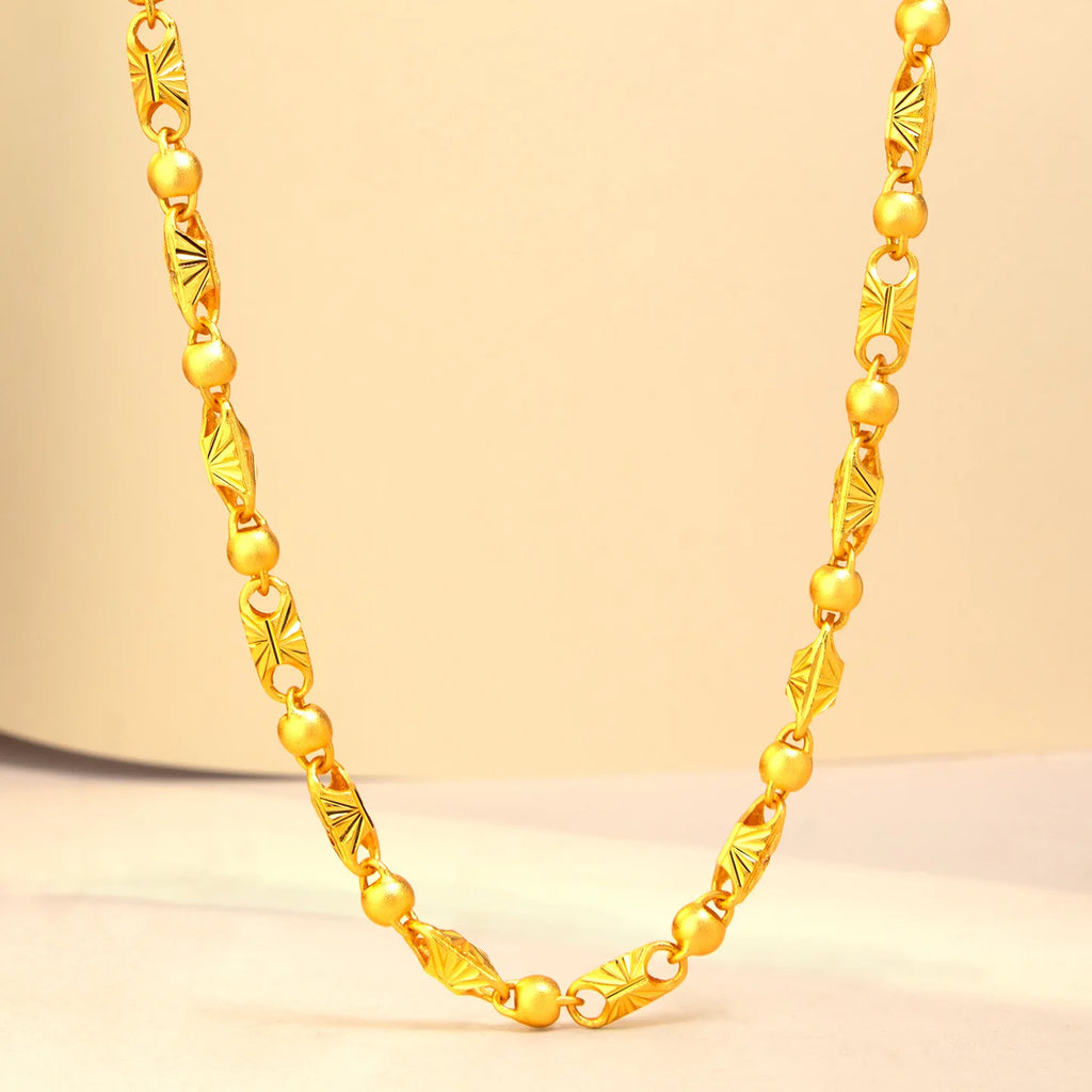 Rice Pattern Carved Necklace Men's 24K Gold AU999 - Thick gold chain for men, striking look for business banquets