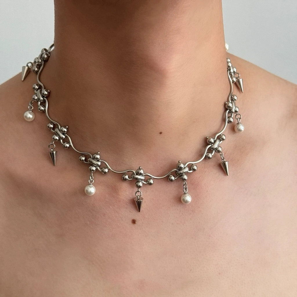 Punk Necklace Metal Chain Rivet Pearl Irregular Cool Hip-hop Unisex Necklace  Accessaries Choker for Women Men Jewelry