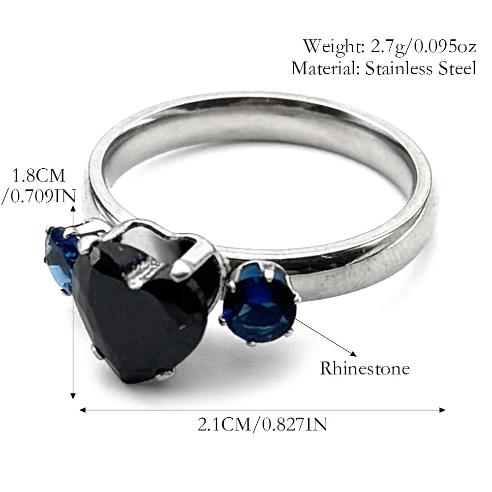 Gothic Heart Silver Ring Blue Rhinestones Finger