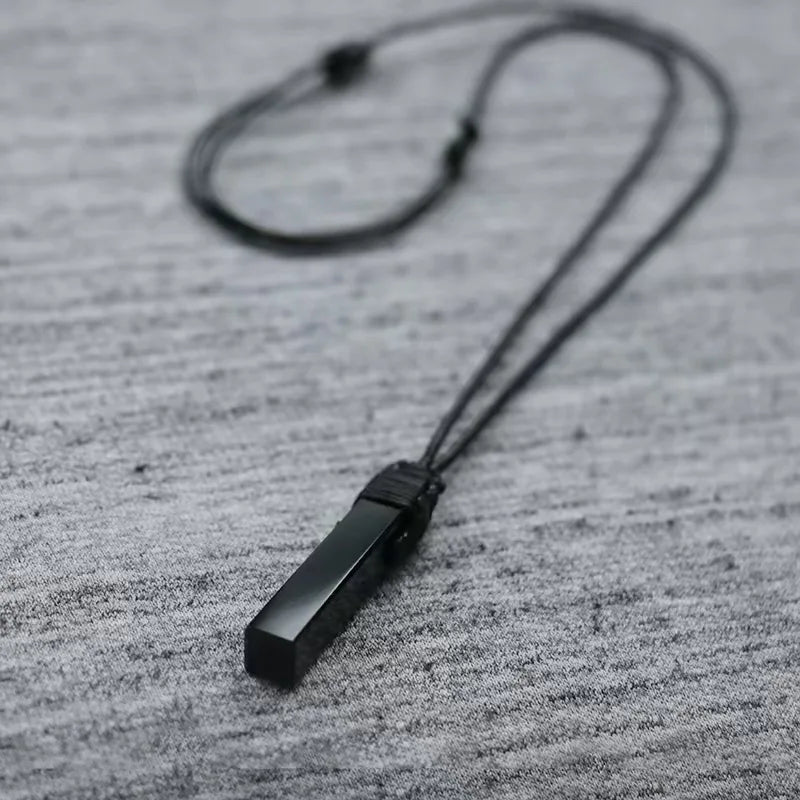 Unisex Natural Black Obsidian Rectangle Pendant Necklace Simple Black Wax Rope Adjustable Length Suitable for Men And Women Idea
