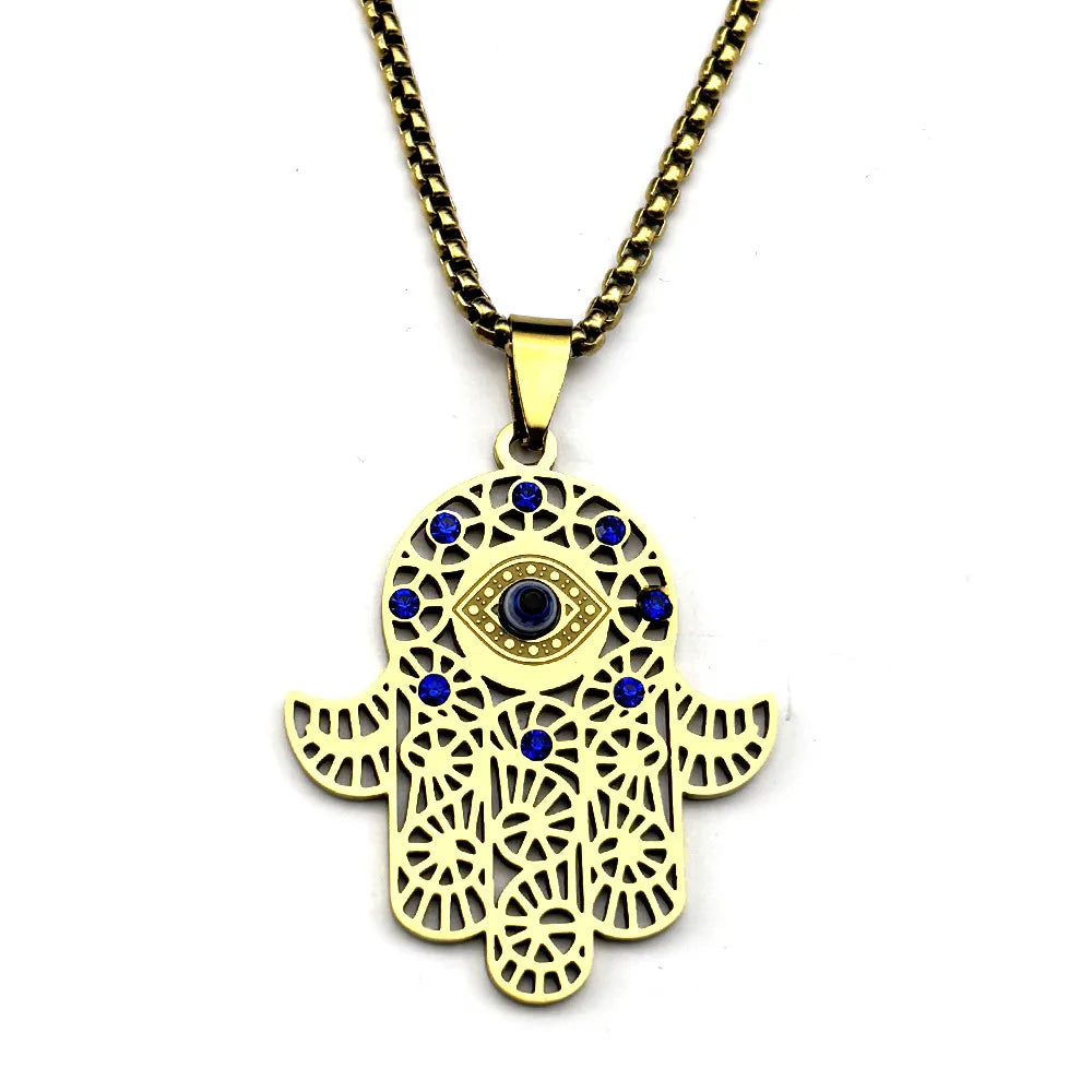 Turkish Evil Eye Hamsa Hand Necklace — Blue CZ, Stainless Steel