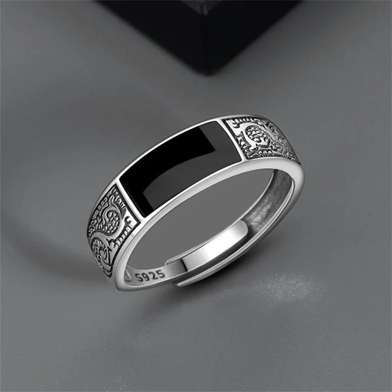 Trendy 925 Sterling Silver Ring For Men Jewelry Black Rectangle Retro Dragon Pattern Ring Male Infex Finger Accessories