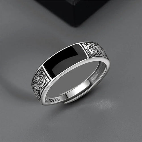 Trendy 925 Sterling Silver Ring For Men Jewelry Black Rectangle Retro Dragon Pattern Ring Male Infex Finger Accessories