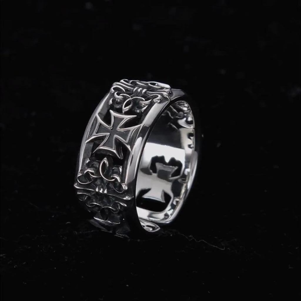 Dark Engraved Symbol Adjustable Open Ring — Stainless Steel