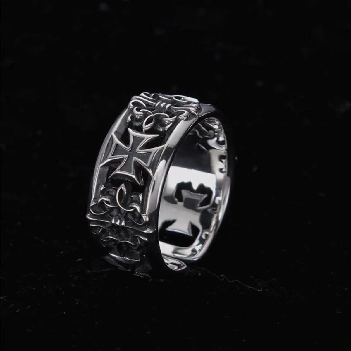 Dark Engraved Symbol Adjustable Open Ring — Stainless Steel