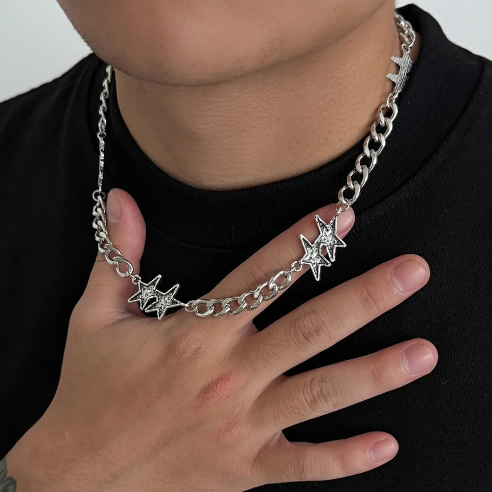 Grooved Five-Point Star Chain Necklace — Silver