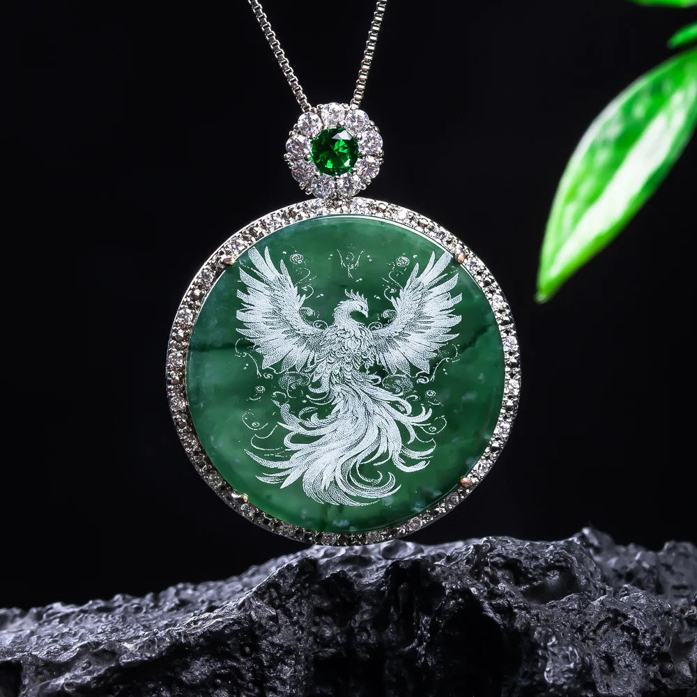 S925 Silver New Natural Real Emerald Stone-shadow Carving Phoenix Pendant Jadeite Necklace Jewelry Charm Designer Luxury Gifts