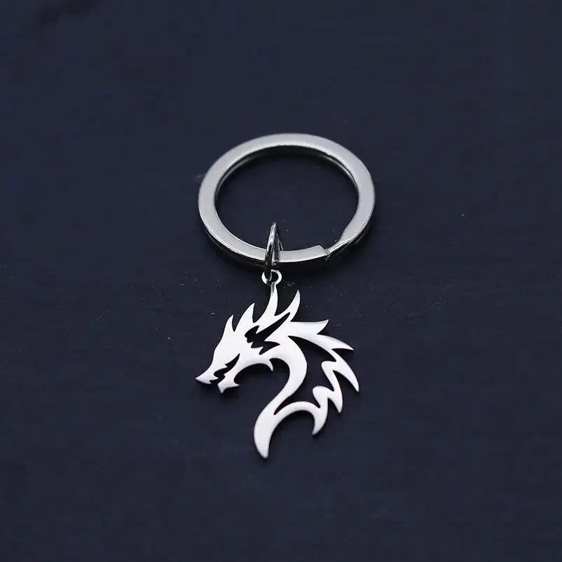 Gothic Flame Dragon Head Keychain — Stainless Steel