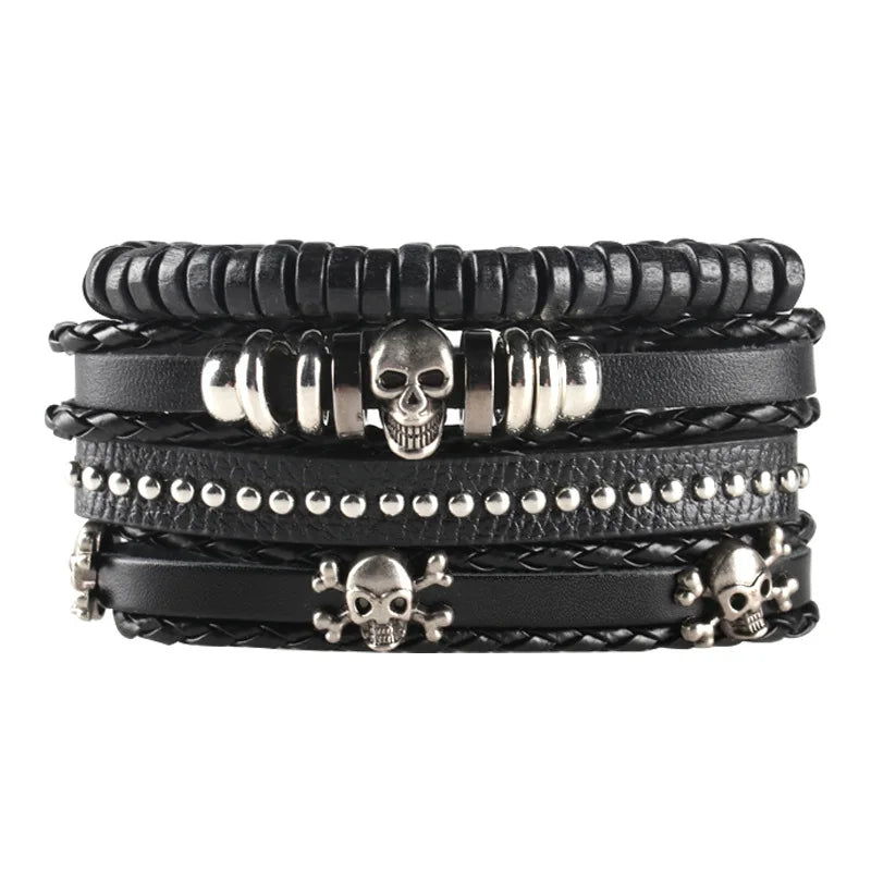 4/5/6pcs Evil Eye Wing Star Skull Diy Braided Punk Style Bracelet Set, Featuring Pu Leather And Beads Bracelet