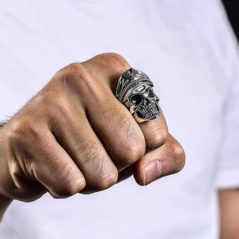 Retro Colored Navy Officer Skull Ring For Men Punk Gothic Rock Hiphop Open Ring Biker Accessories Handmade Jewelry