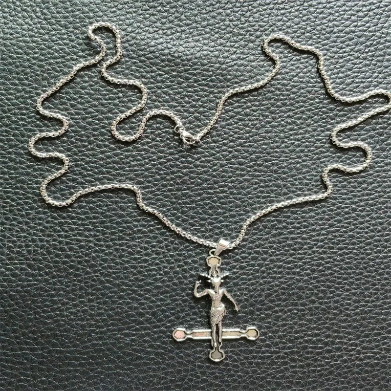 Baphomet Pentagram Cross Necklace — Black Metal