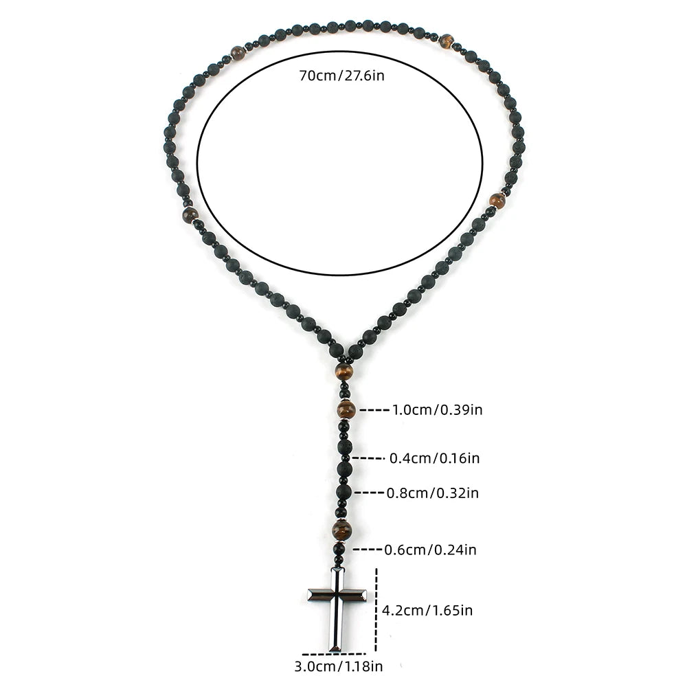 Natural Lava Stone Round Beads Yellow TIger-eye Hematite Cross Pendant Necklace for Men